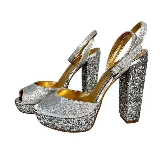 Badgley Mischka 7.5 Zale Open Toe Platform Block Heel Glitter Adjustable Buckle - Picture 5 of 9